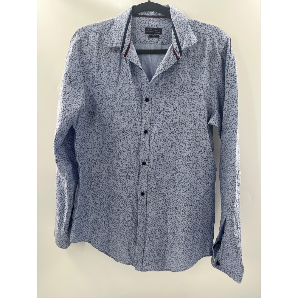 Zara Man Slim Fit Long Sleeve Button Down Shirt Blue Micro Print Size M 40